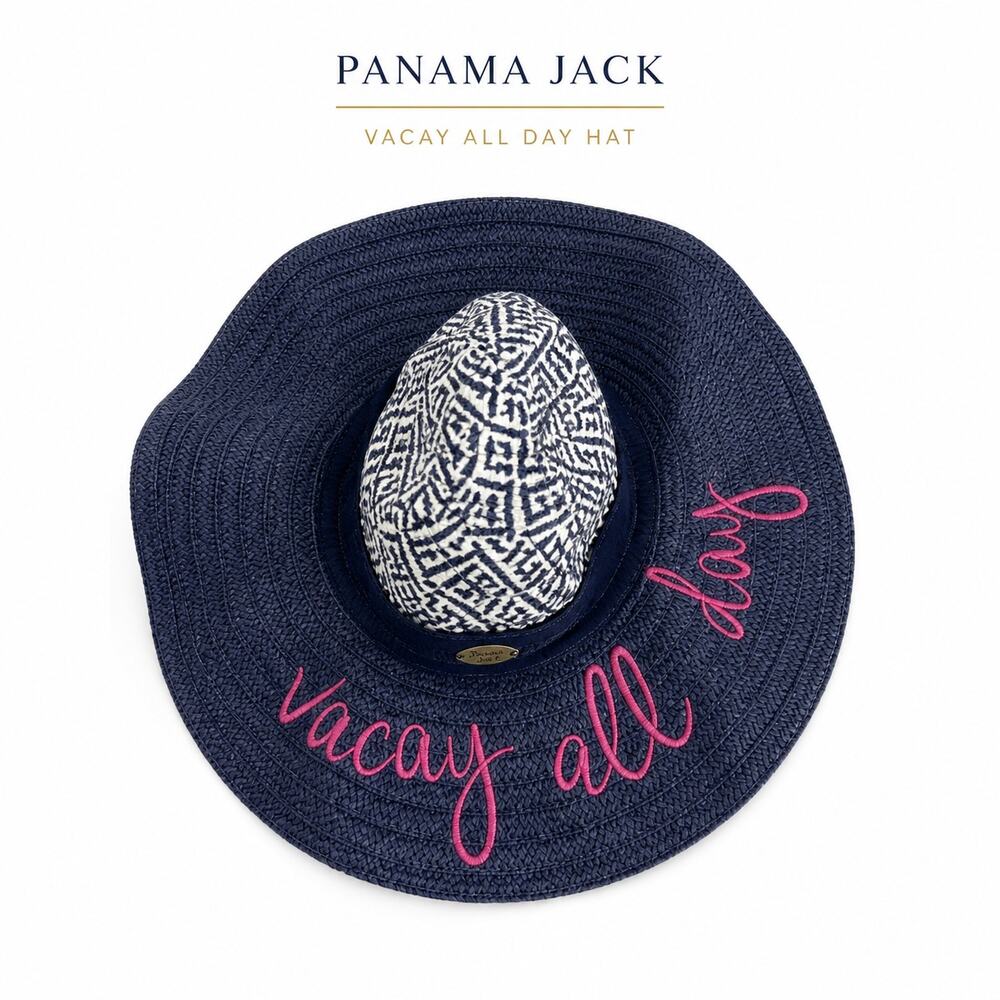 Panama Jack Vacay All Day Navy Straw Beach Hat Pink Embroidered Resort